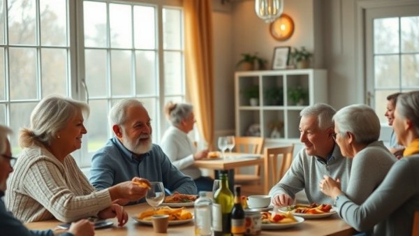 Joyful woman serves food to elderly man, warm dining setting, Brazilian supercentenarians gathering.