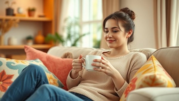 Woman relaxing with tea, pondering metabolism boost.