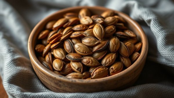Bowl of roasted pumpkin seeds on fabric, promoting sustainable energy.