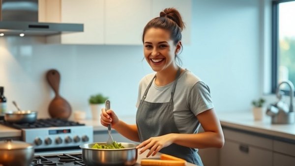 Smiling woman cooking in a modern kitchen, highlighting metabolism and well-being.