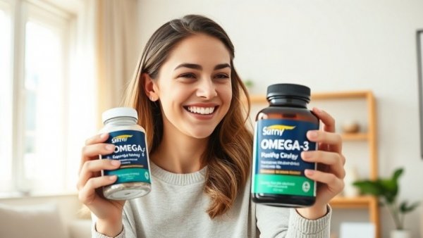 Smiling woman holding omega-3 supplements at home.