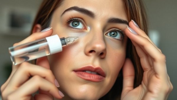 Close-up of woman applying eye drops for dry eye relief.