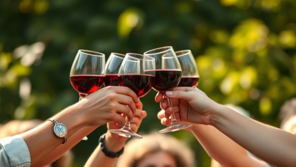 Group toasting with red wine in an outdoor setting, Lifetime Alcohol Consumption and Colorectal Cancer Risk.