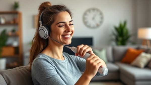 Young woman using a flexbeam for muscle recovery at home.