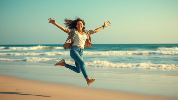 Emotional whiplash astrology concept with joyful leap on beach.