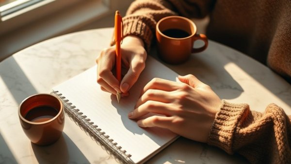Hands writing with a pen next to a cozy cup, affirmations for easing anxiety.