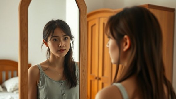 Young woman reflecting in mirror, Hypochlorous Acid Spray Benefits.