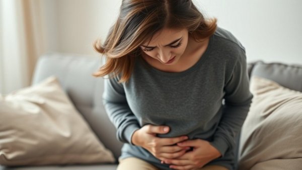 Young woman showing digestive discomfort on a sofa, highlighting women's digestive health constipation statistics.