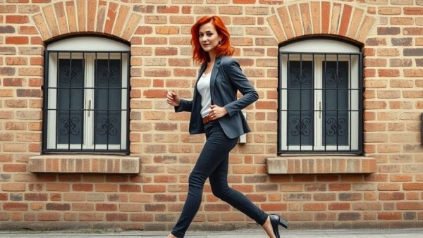 Woman walking for extra steps for heart health, against a brick wall
