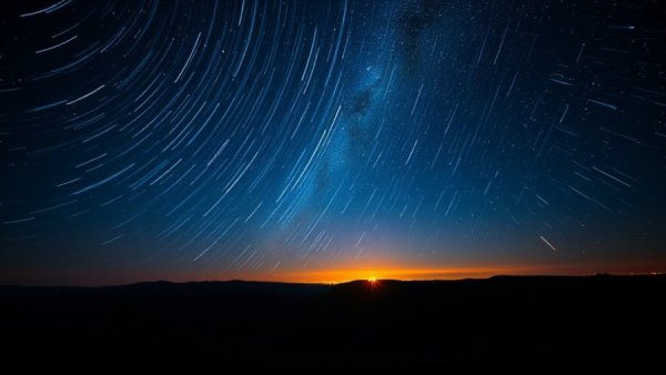 Vibrant star trails over a glowing horizon, illustrating new moon night ambiance.