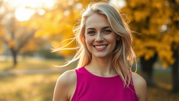 Smiling woman outdoors in autumn, soft lighting.