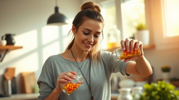 Woman pouring supplements in kitchen, emphasizing metabolic health.