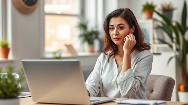 Woman experiences brain fog at home office, related to iron levels and menopause.
