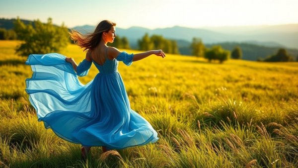 A woman dances gracefully in a meadow with mountains during a sunset, embodying Metabolic Health Transformations Lunar Eclipse.