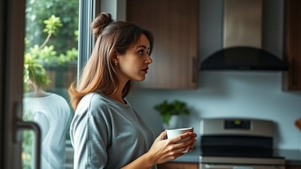 Young woman pondering vitamin D myths in bright kitchen.