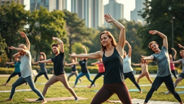 Yoga class outdoors demonstrating Bow Pose benefits in a city park.