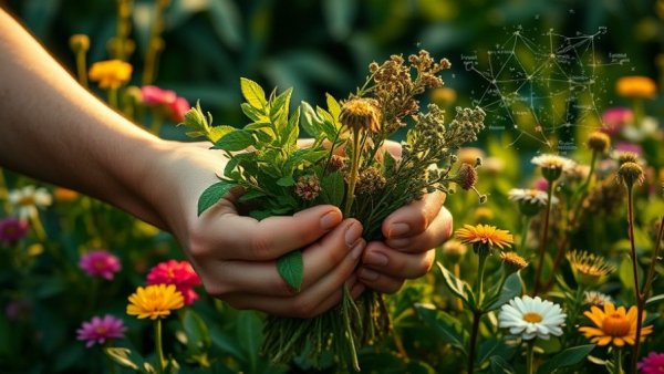 Hands gather herbs in garden with astrology constellation overlay.