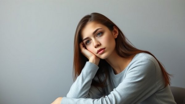 Thoughtful young woman indoors, resting her head, related to TV watching dementia risk.