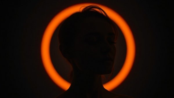 Serene woman meditating against orange light circle, self-fulfilling prophecies in health.