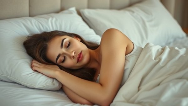Peaceful woman in bed practicing relaxation for better digestion and sleep.