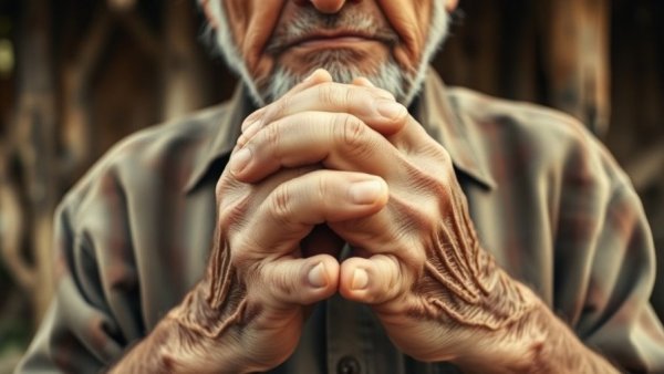 Close-up of older person's hands clasped outdoors, representing calm and collected posture.