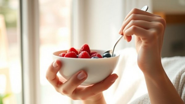 Person eating yogurt with berries by a sunny window, healthy lifestyle.