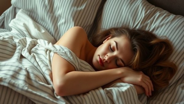 Impact of sleep on heart health illustrated by a woman sleeping peacefully in striped bedding.