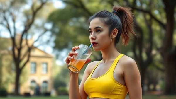 Young woman drinking after workout; Coconut water for gut health.