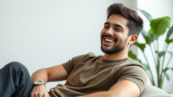 Young man smiling in a dopamine-optimizing morning routine setting