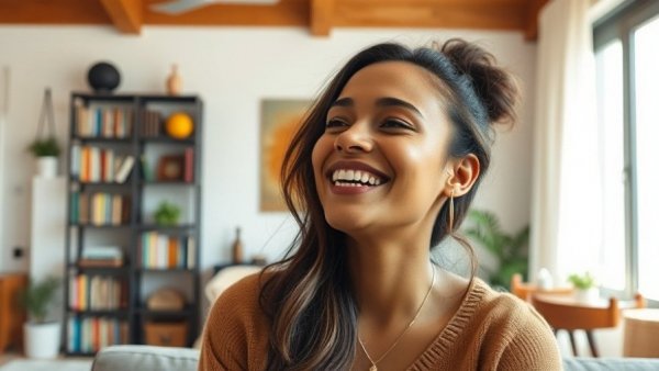Young woman smiling in a cozy modern living room, symbolizing mental health and growth.