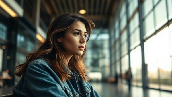 Young woman's contemplative look in a modern urban space conveys how sadness drives addictive behavior.
