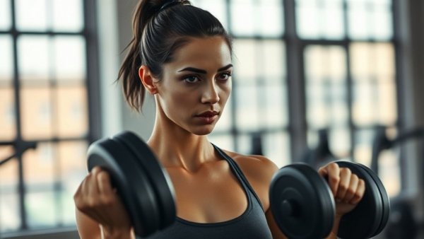Woman lifting dumbbells in gym, showcasing creatine supplement results timeline.