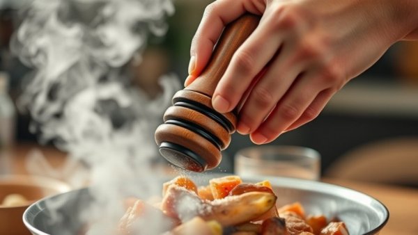 Hands adding extra salt with grinder in kitchen, illustrating salt consumption habits.