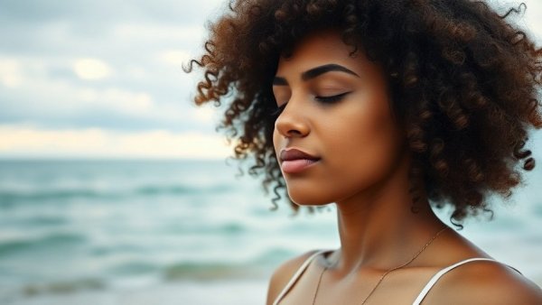 Serene woman embracing peace by ocean, Surrendering for Health