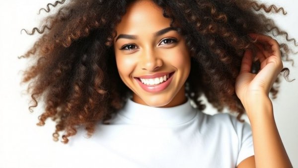 Happy woman showcasing curl care tips with vibrant curls.