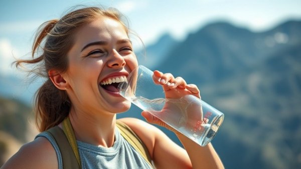 Young woman drinking water outdoors, promoting womens' health.