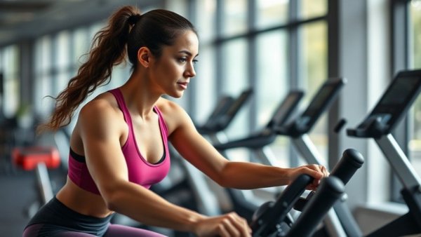 Athletic woman on stationary bike exemplifying energy expenditure and physical activity.