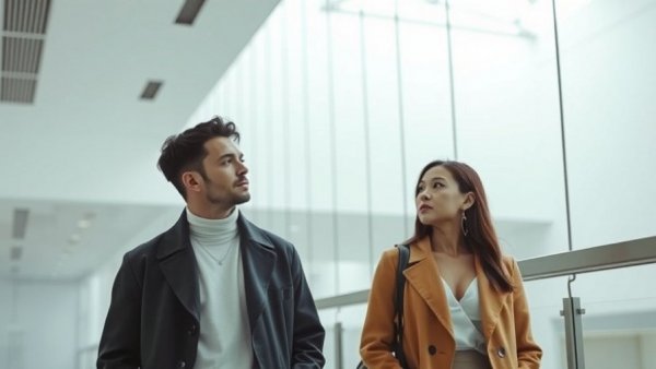 Two individuals in modern space representing attachment styles and health