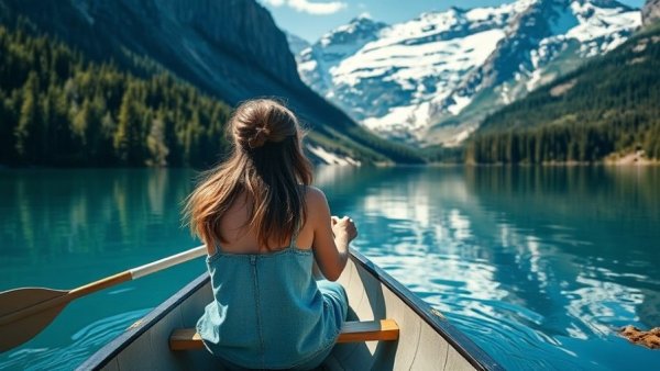 Young woman canoeing on a lake with mountain scenery and moon phases.
