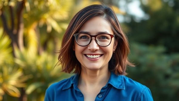 Smiling woman in glasses, wearing blue shirt outdoors.