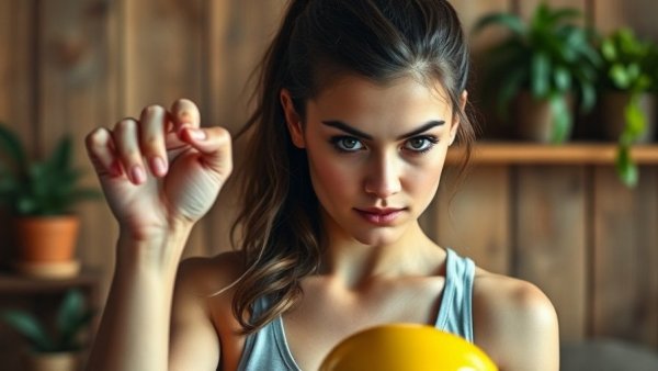 Young woman lifting kettlebell with focus, promoting fitness for women over 35.
