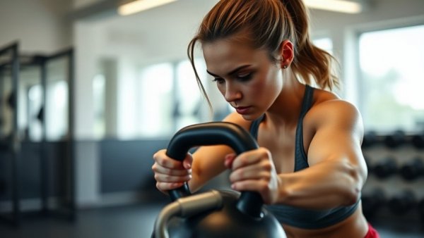Focused woman demonstrating exercise for mitochondrial health in a gym.