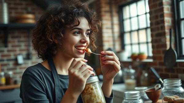 Young woman savoring food in a kitchen, related to meal timing and metabolic health.