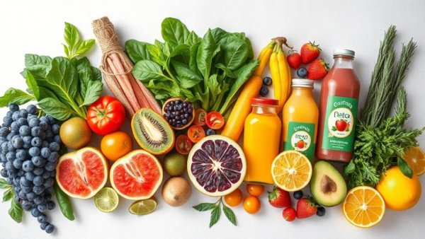 Colorful detox diet setup with fruits, vegetables, and juices promoting health