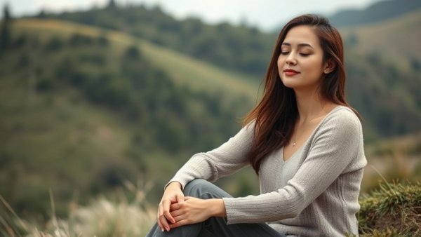 Woman enjoying solitude in nature, calm and serene setting.
