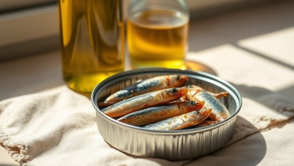 Tin of sardines and olive oil on beige cloth to prevent diabetes.