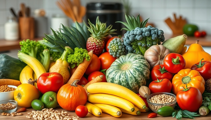 Colorful fruits and vegetables lower stress levels on a kitchen table.