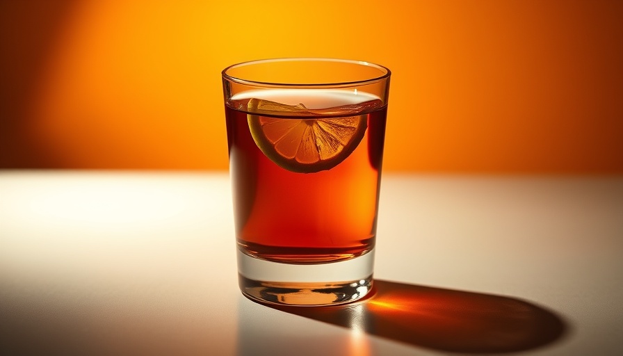 Amber whiskey with lemon twist on smooth surface.