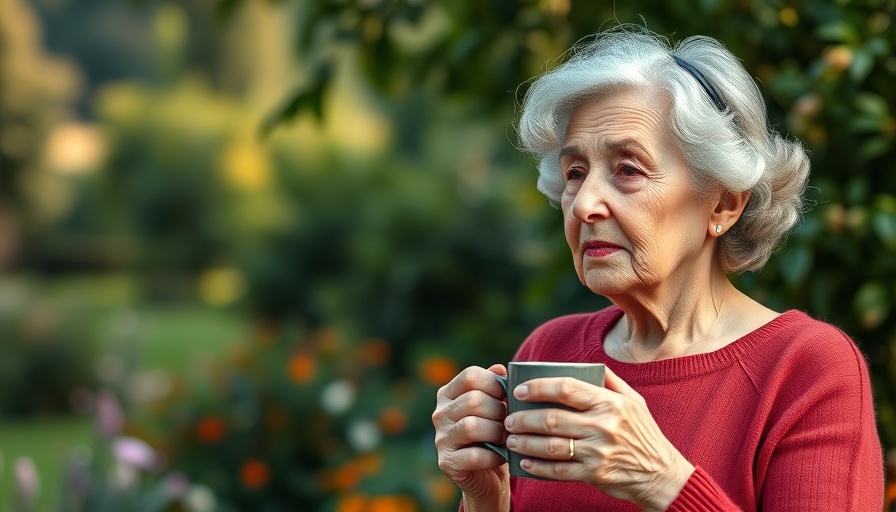 Elderly woman reflecting while drinking tea in a garden setting.