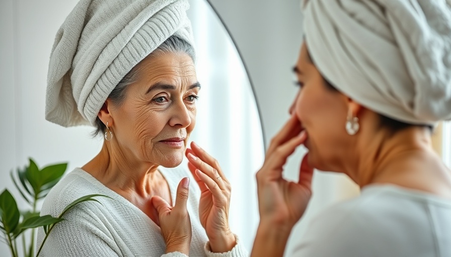 Middle-aged woman examining skin in mirror, reasons collagen levels decline.